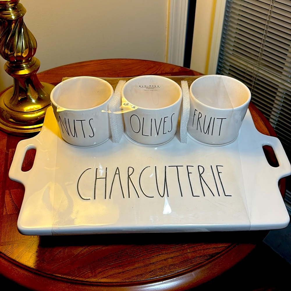 Rae Dunn Charcuterie ceramic platter with 3 containers